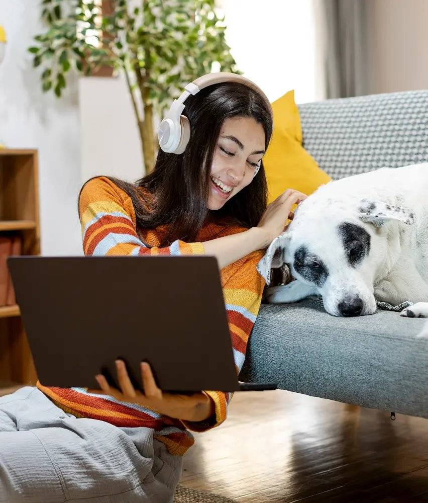 Pet parent on a video call with a vet, dog on the couch